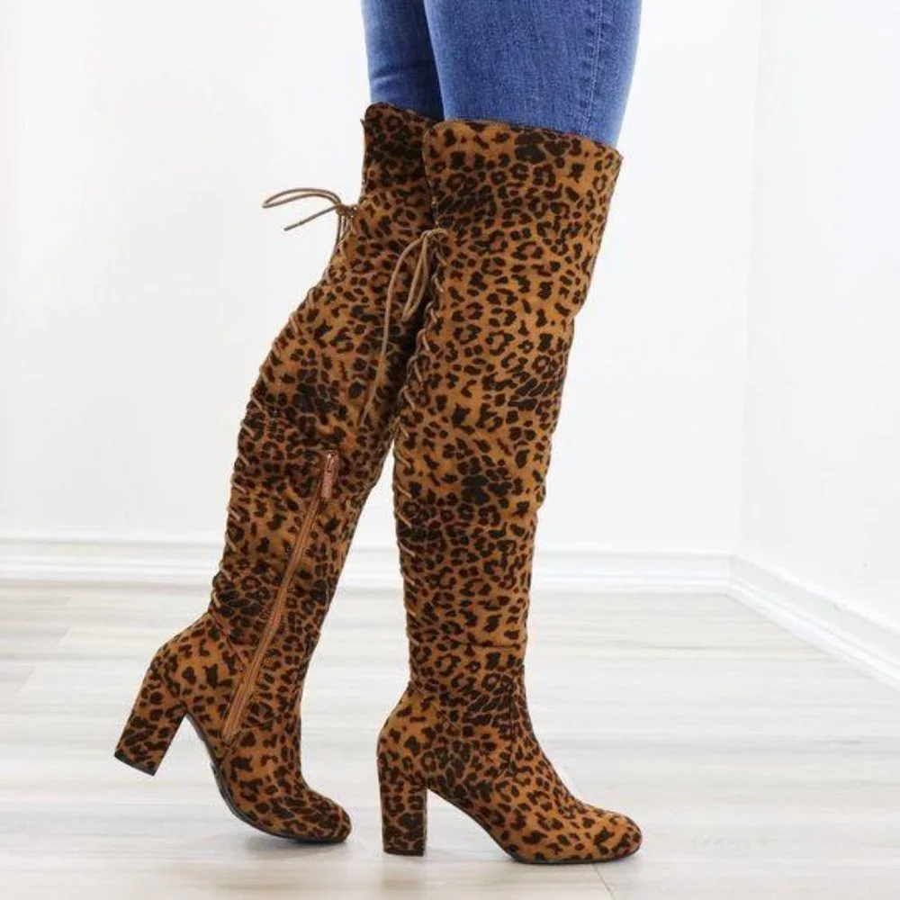Suede Leopard Thigh High Heeled Boots Back Laces - Picture 4 of 15